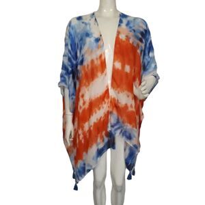 MIXIT Swim Cover, OS, Red/White/Blue Tie-Dye, Tassle hem, Flowy/Loose